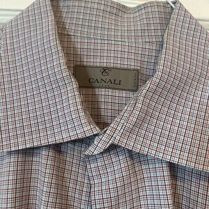 Canali Men's Burgundy and White Checkered Dress Shirt